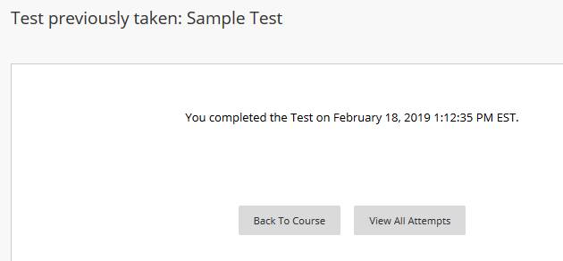 Test previously taken page with timestamp of when the test was submitted and options to go back to the course or view the attempts